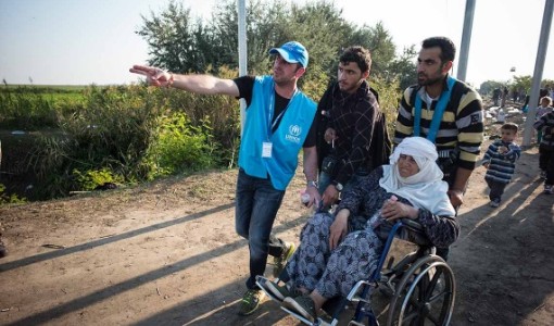 UNHCR:s personal hjälper människor på flykt vid den ungerska gränsen mot Serbien.